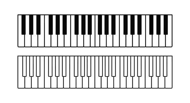 A top down view of piano keys showing a black and white keyboard layout for musical education
