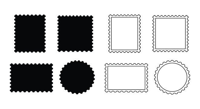 Set of black silhouette and outline postage stamp shapes with various serrated edges on white background