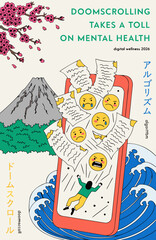 Obraz premium Doomscrolling ukiyo-e digital wellness poster