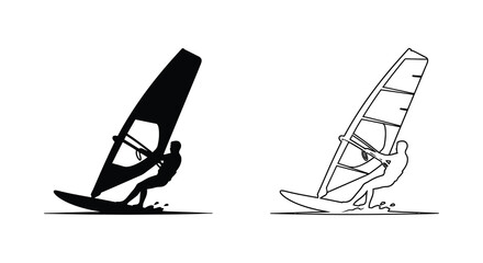 Obraz premium Set of windsurfing icons featuring a solid black silhouette and a detailed line art outline illustration