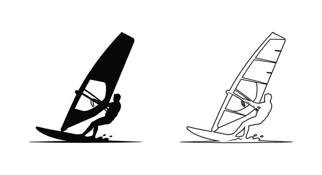 Set of windsurfing icons featuring a solid black silhouette and a detailed line art outline illustration