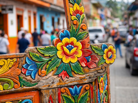 Colorful hand painted wooden details of a traditional folk art chiva bus