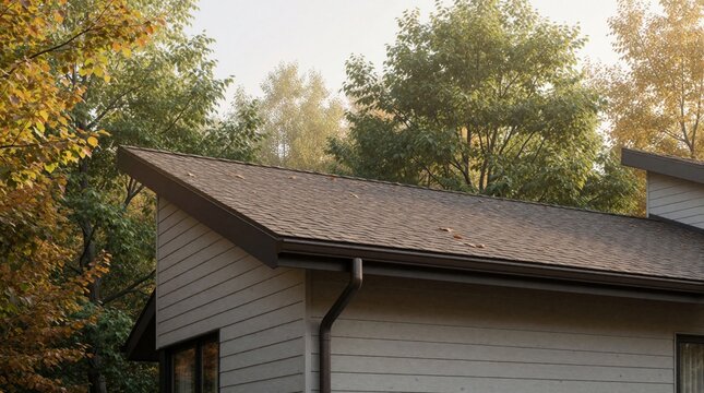 Modern house with roof, gutter system set against backdrop of trees in autumn foliage. Structure shows clean lines, sloped roof design. This image highlights seasonal changes, exterior home elements.