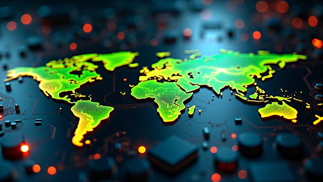 High-tech circuit board with glowing global war map showing attack paths in neon green and orange
