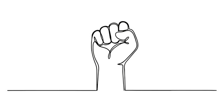 Continuous line drawing of a clenched fist emerging from a surface in a single line art style, Minimalist continuous one line drawing of a raised fist representing power strength unity protest and