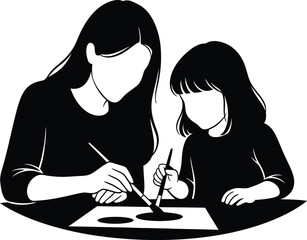 Silhouette vector illustration of mother teaching daughter painting artistic design