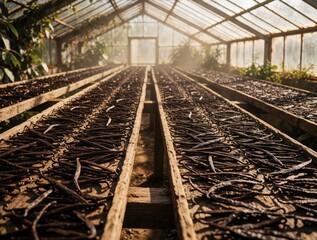 Fototapeta premium Rows of dark vanilla beans dry on wooden racks inside glass greenhouse. Fresh pods lay on shelves under morning sunlight. Tropical spice production farm process for organic food ingredients. Sun rays