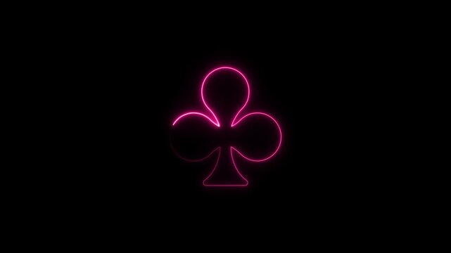 Neon pink glowing club suit playing card symbol animation on black background