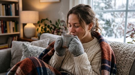 Fototapeta premium Woman drinking hot tea on couch. Relaxing in cozy home setting with natural light.