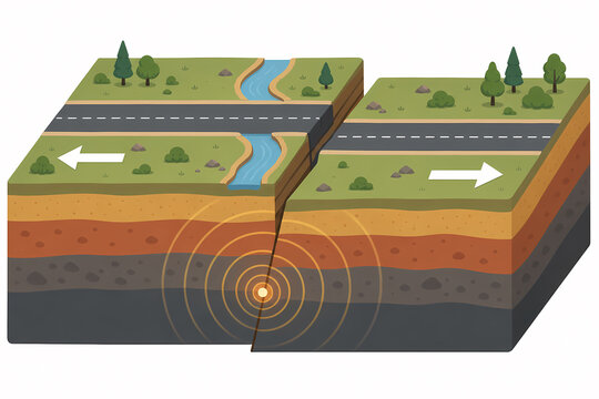 Transform fault earthquake offset illustration