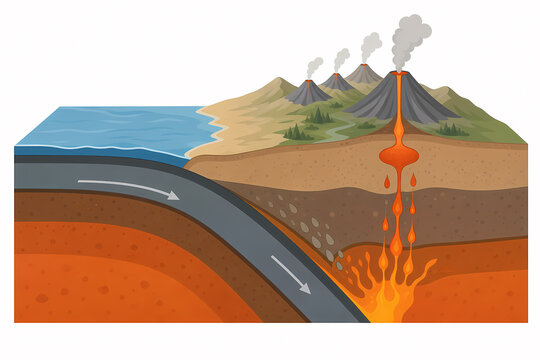 Subduction zone volcanic arc formation illustration