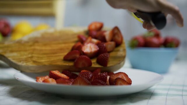 Scrapping sliced strawberries with knife to plate, closeup shot