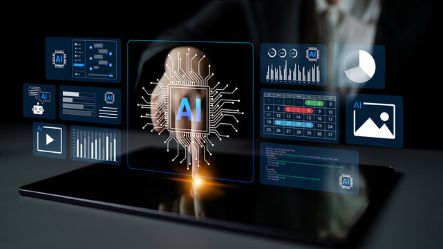 Futuristic Concept of Artificial Intelligence with Data Visualization and User Interaction on a Digital Tablet in a Professional Setting. Glyphic.