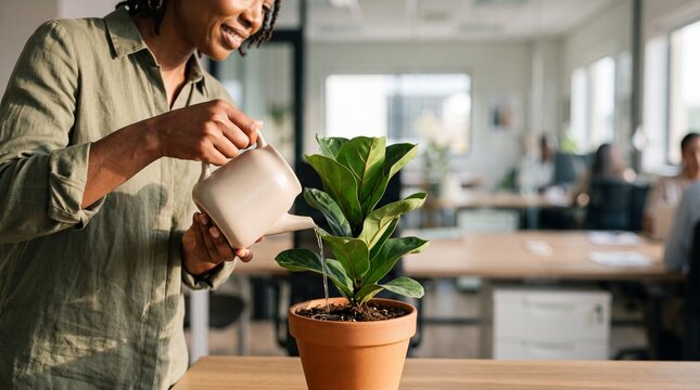 Nahaufnahme einer l&auml;chelnden dunkelh&auml;utigen Frau die mit einer Gie&szlig;kanne eine Zimmerpflanze im modernen B&uuml;ro gie&szlig;t