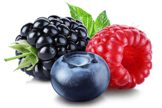 Collection of juicy ripe blackberry, raspberry and blueberry isolated on transparent background.