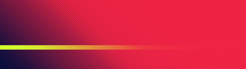Abstract sporty scarlet red canvas displays a sharp diagonal transition of dense linear strokes, dynamic striking geometric halftone texture with a solid horizontal neon lime stripe accent © max_776