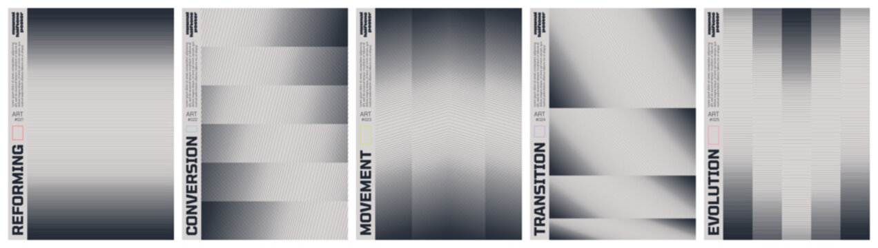 Monochrome technical line grid poster set with kinetic halftone distortion patterns, Minimalist geometric visual transformation and abstract structural evolution artwork with transition effect set 4