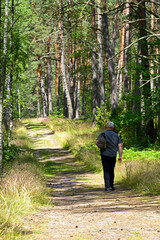 mężczyzna idący leśną drogą,  mężczyzna z plecakiem na spacerze w lesie, a man walking along a forest path, a man with a backpack on a walk in the forest © kateej