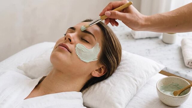 Beautician applying green cosmetic clay face mask on young woman with brush in spa salon