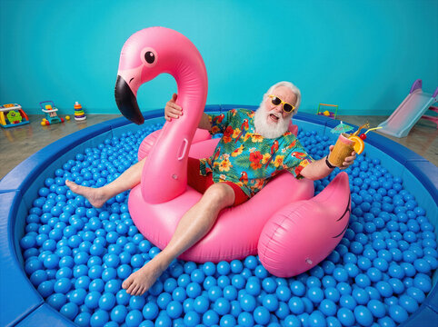 Funny Santa Claus on summer vacation relaxing on flamingo float in ball pit