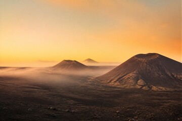 Naklejka premium Volcanic cones rising through morning fog in barren plain