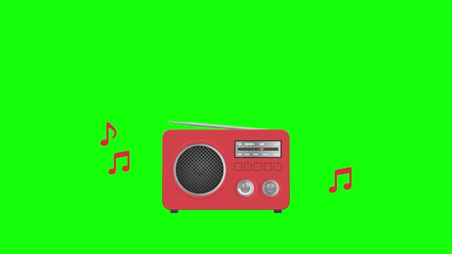 赤色のラジオから赤色の音符がどんどん登場するアニメーション／An animation of red musical notes continuously emerging from a red radio