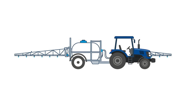 Blue tractor pulling agricultural boom sprayer equipment for crop maintenance