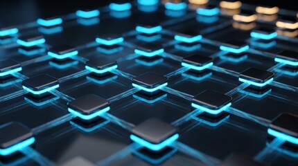 Fototapeta premium Digital network nodes connected by glowing blue light lines form a modern abstract pattern on a dark reflective surface floor