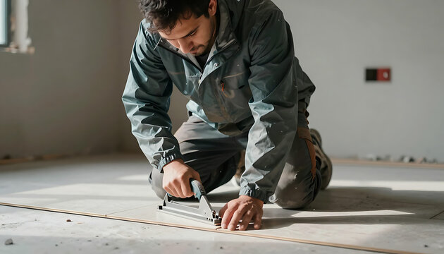 A focused construction worker meticulously installs laminate flooring in a room undergoing renovation using a specialized tool.