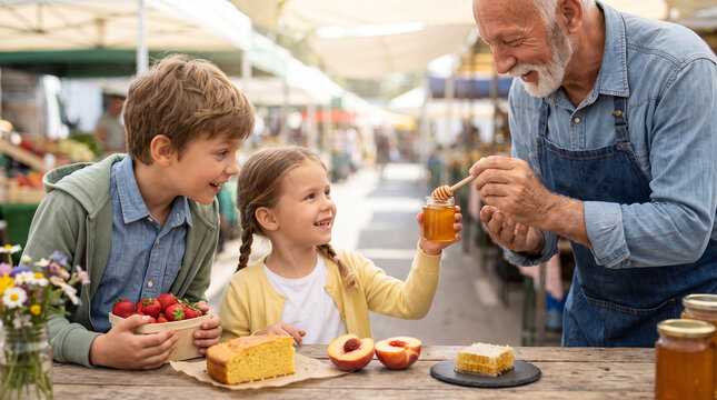 Grandfather sharing honey with two children at a market stall  