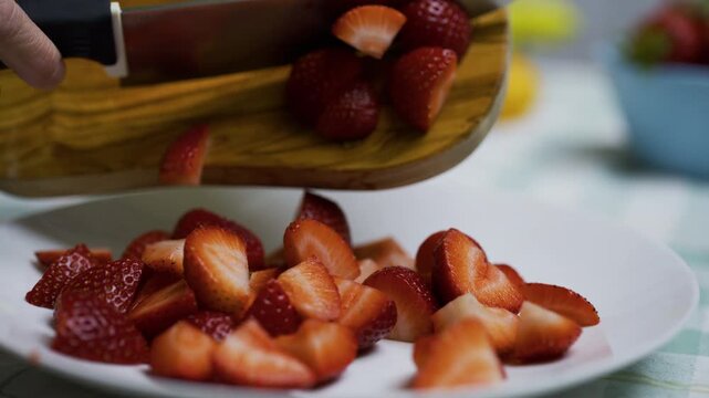 Extra closeup of knife moving sliced strawberries from cutting board to plate, steady cam shot