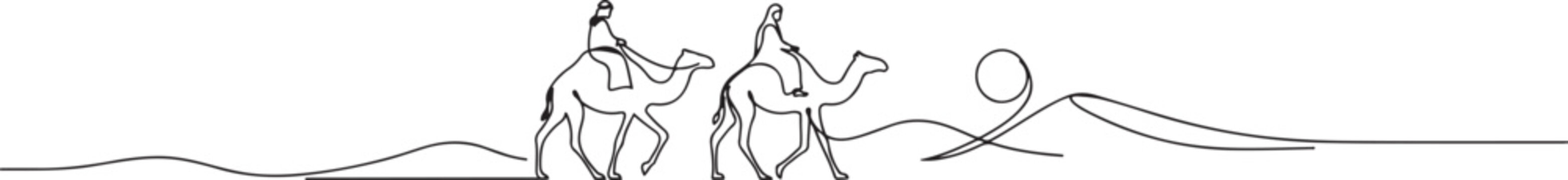 Continuous One Line Drawing of Arab Men Riding Camels Across Desert Vector Illustration. One line art icon drawing