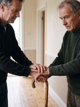 Nahaufnahme zweier M&auml;nnerh&auml;nde auf dem Griff eines Gehstocks als Zeichen von F&uuml;rsorge und Unterst&uuml;tzung im Flur