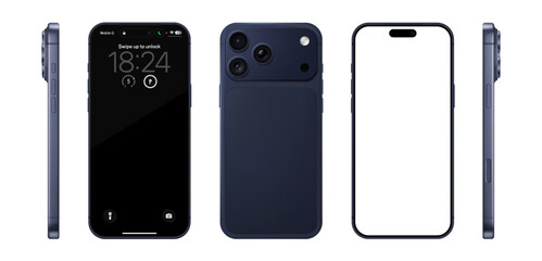 Naklejka premium Detailed blue mobile phone mockup. Front, rear and side view isolated on transparent background. Vector PNG