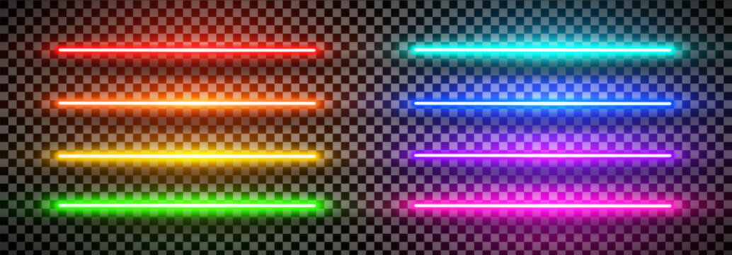 Realistic rainbow led neon horizontal bulb tube light pack isolated. Lazer effect straight lines. Laser beam fluorescent LED halogen diode. Vector illustration