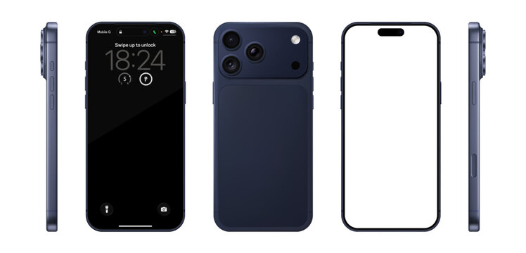 Detailed blue mobile phone mockup. Front, rear and side view isolated on transparent background. Vector PNG