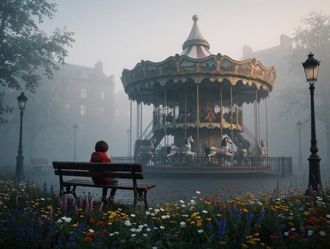 Child sits on park bench near vintage carousel in misty morning fog. Colorful flowers bloom by lamppost and old buildings. Scene evokes quiet solitude and nostalgia.