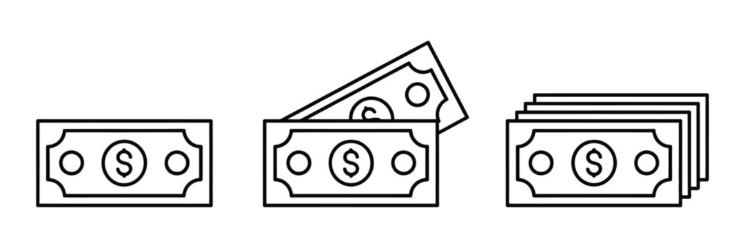 Currency Notes Line Icons featuring Dollar Banknotes, Stacked Notes, Deposit Payment Symbols, Money Bundle, Account Balance, Outline Interface Design