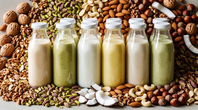 Collection of nut milks in glass bottles. Hazelnut, pistachio, coconut flavors. Assorted nuts surround bottles, representing vegan drink options. Fresh healthy ingredients.