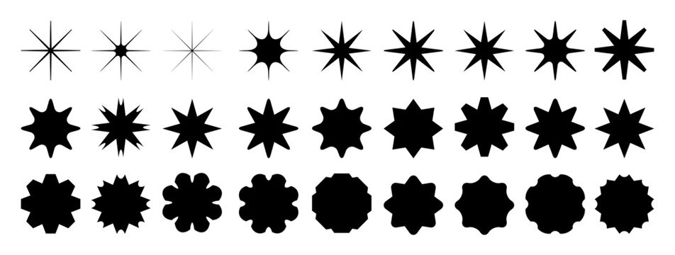 Set of black stars icons. Star shapes collection. Minimalist simple stars pack. Christmas star objects isolated on transparent background. Vector png