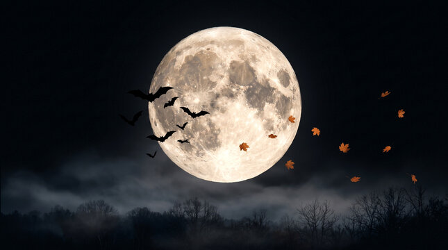 Full moon in the night sky with flying bats and falling autumn leaves over forest