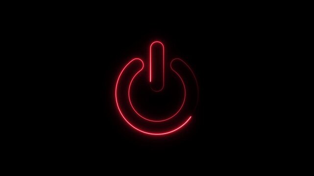 Glowing red neon power button symbol animation on black background