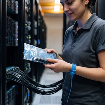 IT-Technikerin tr&auml;gt Festplatte in Antistatikt&uuml;te im Serverraum in Nahaufnahme mit ESD-Armband