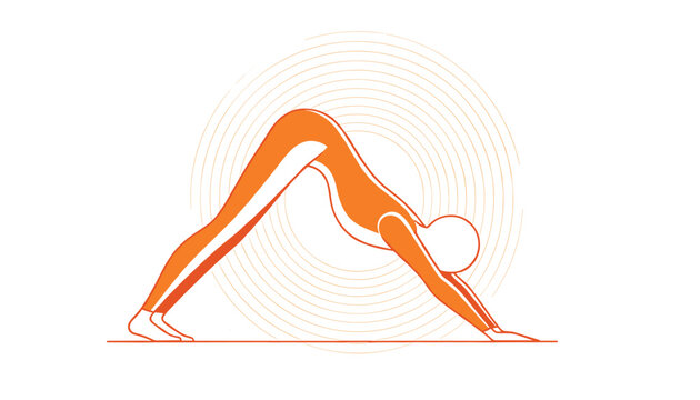 Yogi performing a downward facing dog pose surrounded by radiant orange circles on a minimalist white background.