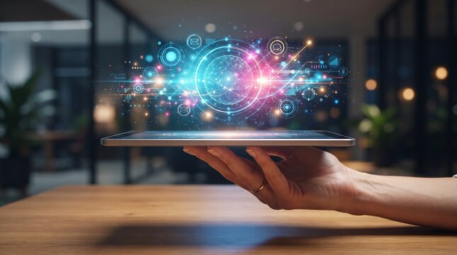 A hand holding a tablet displays a vibrant, futuristic holographic interface, symbolizing the convergence of technology and innovation.