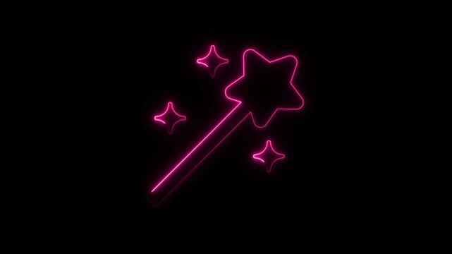 Neon magic wand with glowing sparkles animation on black background