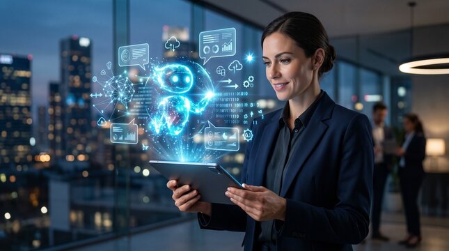 A businesswoman in a dark suit interacts with a holographic AI interface displaying a friendly robot, data charts, and cloud icons, suggesting innovation and future technology.