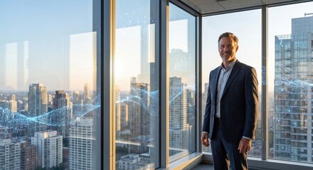 Fototapeta premium Business executive standing in front of city skyline