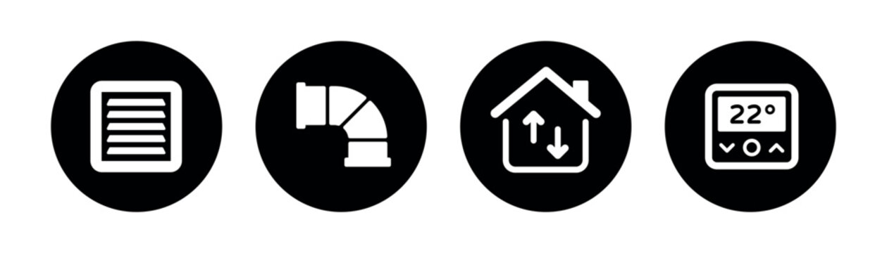 HVAC Ventilation and Climate Control Circle Icon Set with Air Vent, Duct, Home Airflow and Thermostat Symbols