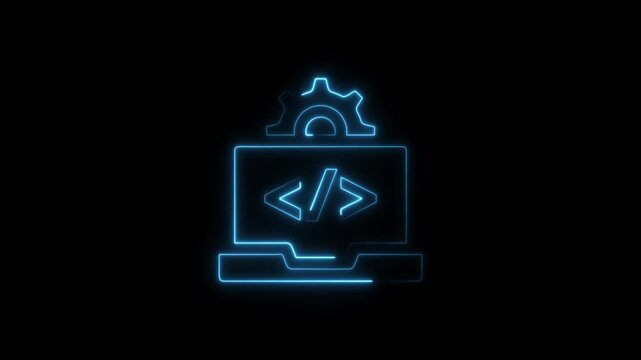 Neon glowing laptop with coding gear animation for software development and tech concepts programming